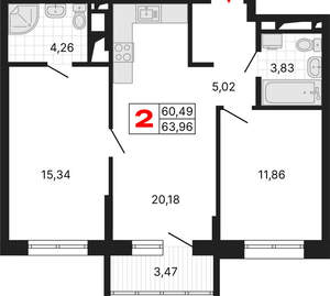 2-к квартира, вторичка, 64м2, 6/25 этаж