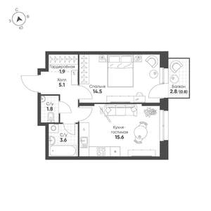 1-к квартира, вторичка, 43м2, 3/16 этаж