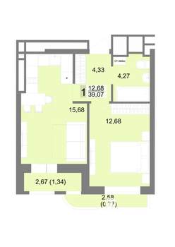 1-к квартира, строящийся дом, 39м2, 15/22 этаж