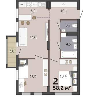 2-к квартира, вторичка, 58м2, 3/19 этаж