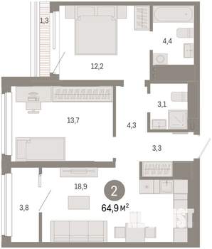 2-к квартира, вторичка, 65м2, 7/8 этаж