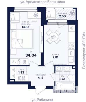 1-к квартира, вторичка, 34м2, 3/26 этаж