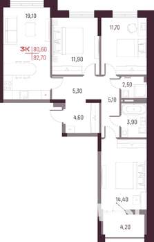 3-к квартира, вторичка, 81м2, 4/25 этаж