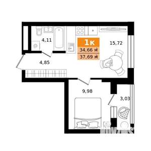 1-к квартира, строящийся дом, 38м2, 5/27 этаж