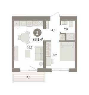 1-к квартира, вторичка, 36м2, 4/8 этаж