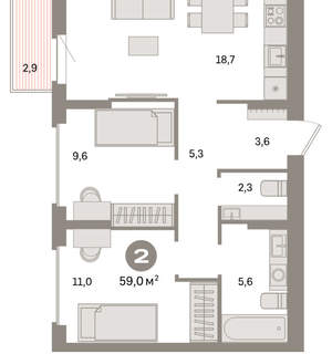 2-к квартира, вторичка, 59м2, 5/9 этаж