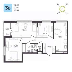 3-к квартира, вторичка, 80м2, 3/23 этаж