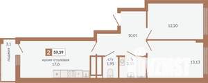 2-к квартира, строящийся дом, 59м2, 19/31 этаж