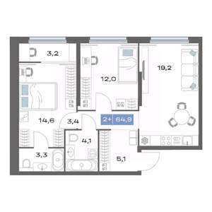 2-к квартира, строящийся дом, 65м2, 15/25 этаж