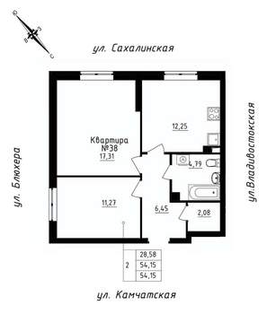 2-к квартира, строящийся дом, 54м2, 6/25 этаж