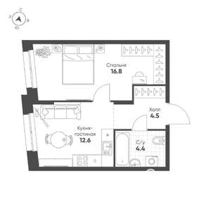 1-к квартира, строящийся дом, 38м2, 11/16 этаж