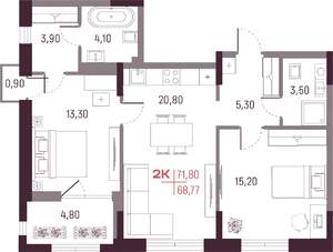 2-к квартира, вторичка, 69м2, 12/25 этаж