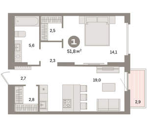 1-к квартира, вторичка, 52м2, 12/16 этаж