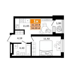 1-к квартира, строящийся дом, 34м2, 13/27 этаж
