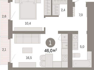 1-к квартира, вторичка, 46м2, 4/9 этаж