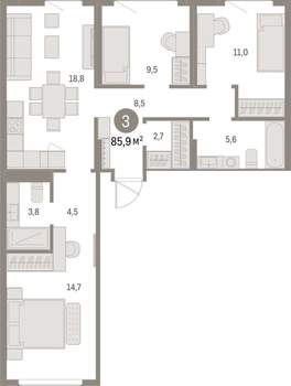 3-к квартира, вторичка, 86м2, 2/9 этаж