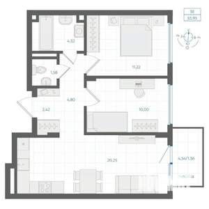 2-к квартира, вторичка, 56м2, 1/4 этаж