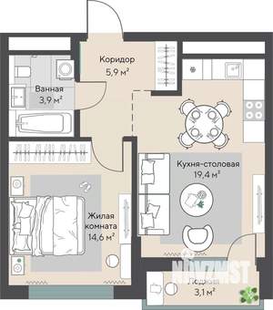 1-к квартира, строящийся дом, 45м2, 2/31 этаж