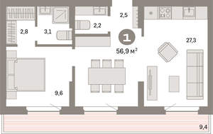1-к квартира, вторичка, 57м2, 8/9 этаж