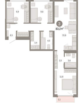 3-к квартира, вторичка, 83м2, 5/9 этаж