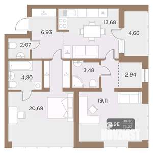 3-к квартира, вторичка, 76м2, 12/24 этаж