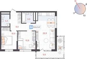 2-к квартира, вторичка, 64м2, 24/31 этаж