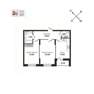 2-к квартира, строящийся дом, 60м2, 5/25 этаж