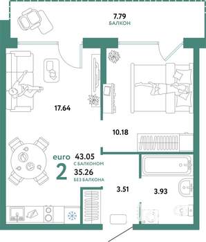 2-к квартира, строящийся дом, 43м2, 9/24 этаж