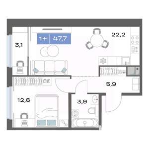 1-к квартира, строящийся дом, 48м2, 12/17 этаж