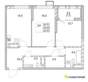 2-к квартира, вторичка, 62м2, 14/30 этаж
