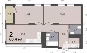 2-к квартира, строящийся дом, 60м2, 9/19 этаж