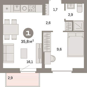1-к квартира, вторичка, 36м2, 6/9 этаж
