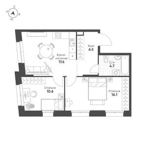 2-к квартира, строящийся дом, 56м2, 2/16 этаж