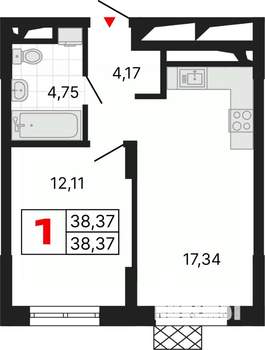 1-к квартира, вторичка, 38м2, 7/25 этаж