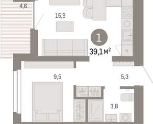 1-к квартира, вторичка, 39м2, 5/9 этаж