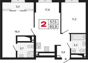 2-к квартира, вторичка, 61м2, 23/15 этаж