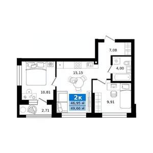 2-к квартира, строящийся дом, 50м2, 13/27 этаж