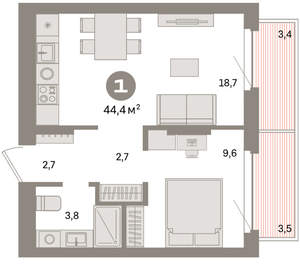 1-к квартира, вторичка, 44м2, 4/16 этаж