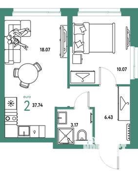 2-к квартира, строящийся дом, 38м2, 15/24 этаж