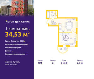 1-к квартира, вторичка, 35м2, 7/12 этаж