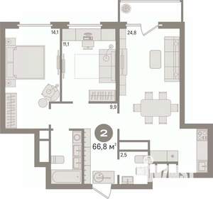 2-к квартира, вторичка, 67м2, 23/24 этаж
