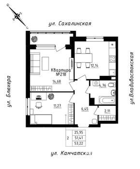 2-к квартира, строящийся дом, 53м2, 19/25 этаж