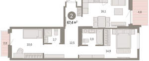 2-к квартира, вторичка, 67м2, 8/9 этаж