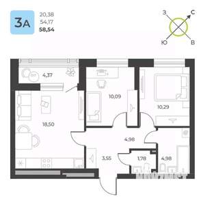2-к квартира, строящийся дом, 59м2, 1/23 этаж