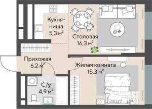 1-к квартира, строящийся дом, 48м2, 12/27 этаж