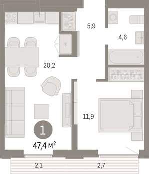 1-к квартира, вторичка, 47м2, 8/16 этаж