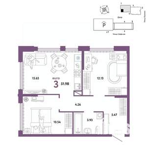 3-к квартира, вторичка, 52м2, 24/24 этаж