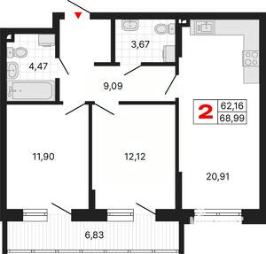 2-к квартира, вторичка, 69м2, 2/25 этаж