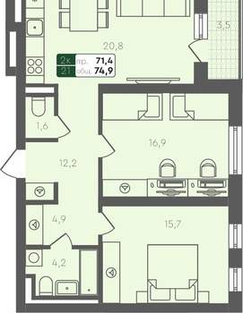 2-к квартира, вторичка, 75м2, 4/2 этаж