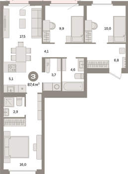 3-к квартира, вторичка, 87м2, 4/16 этаж
